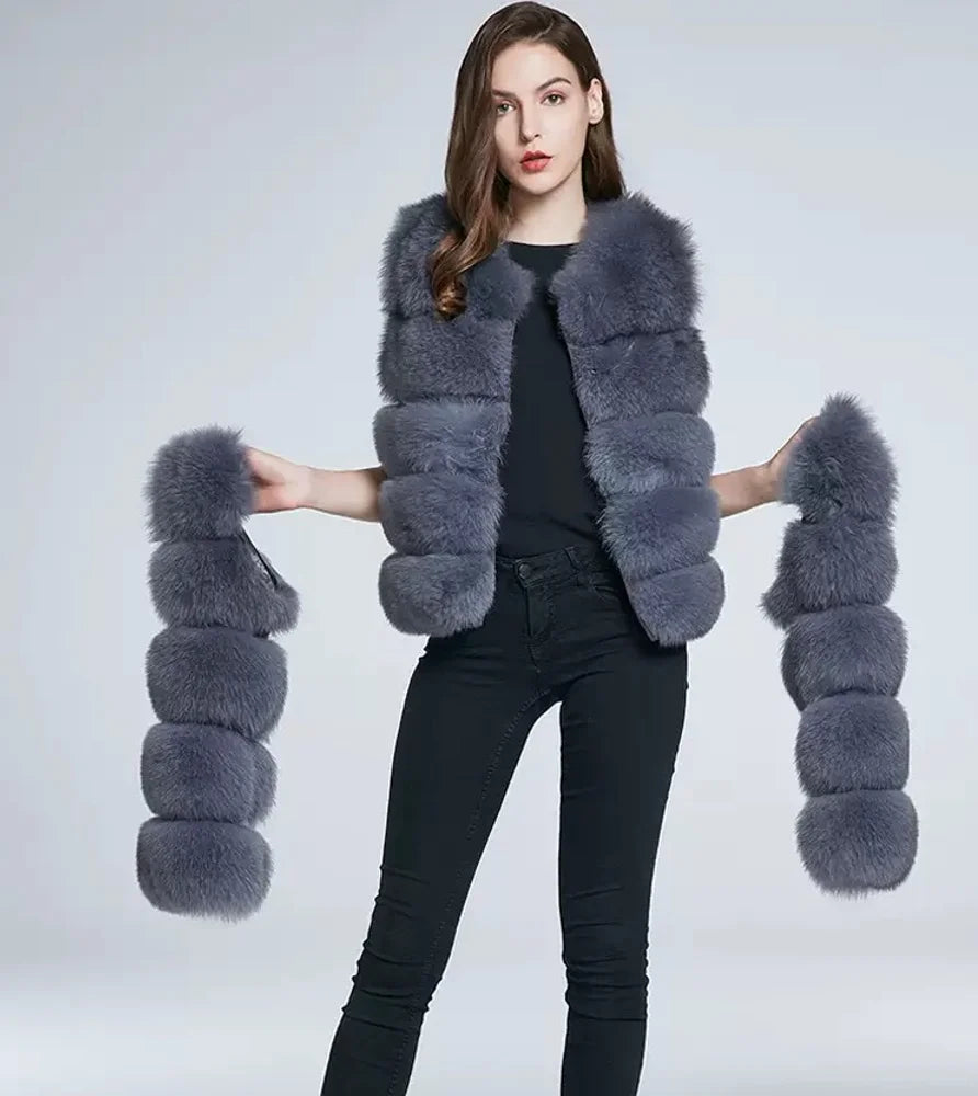 Ladies' real fox fur coat, detachable sleeves, 2-in-1 coat with variable vest