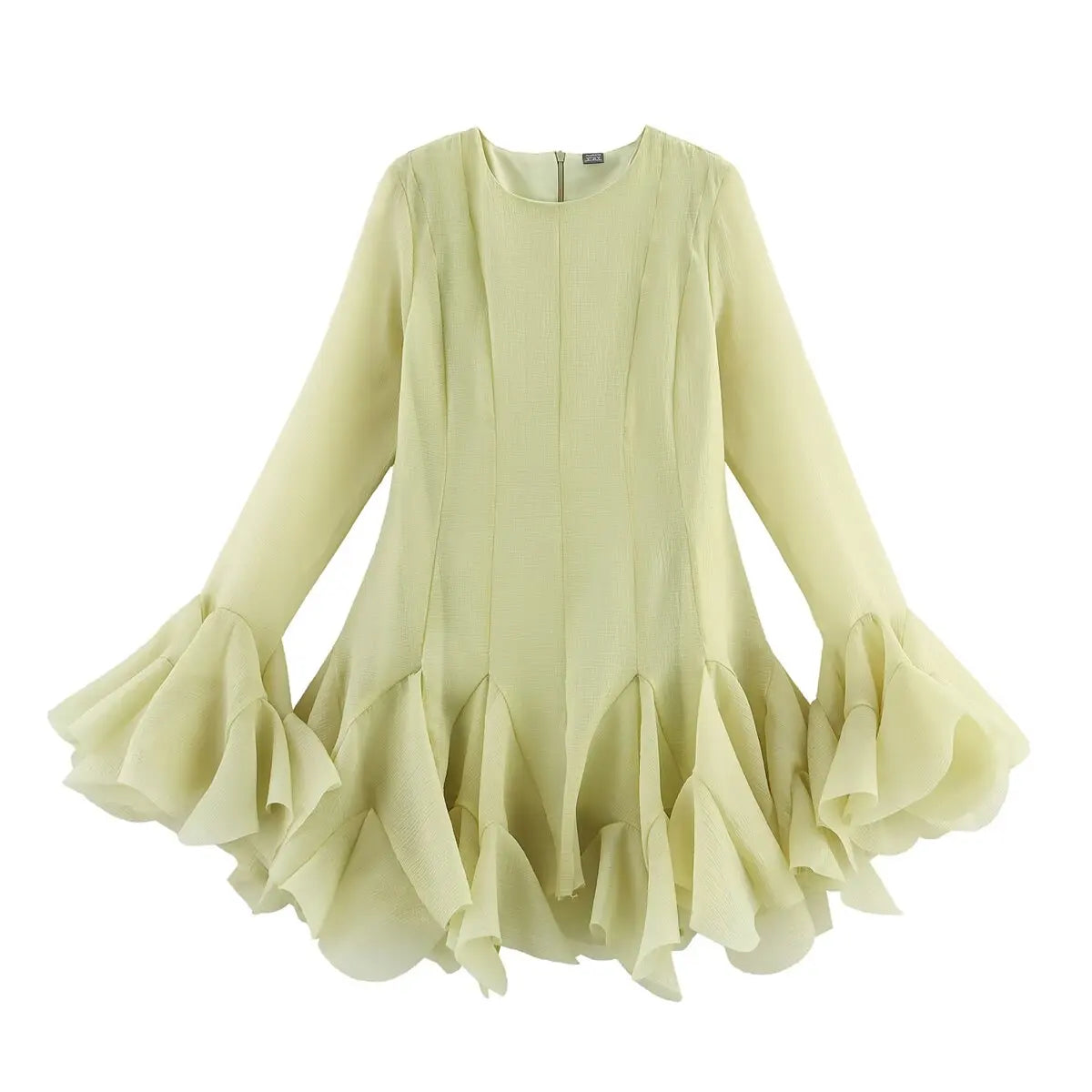 2026 Summer Women's Elegant Multi-Layered Ruffled Hem Mini Dresses Lady Sweet French Style Long Flare Sleeve Slim Fit Puffy Robe - Kimlud