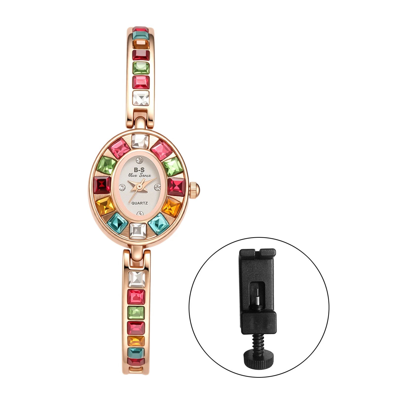 JEWELRYWE Women Oval Case Diamond Bracelet Watch Quartz Elegant Shell Dial Removable Strap Party Dress Watch - Kimlud