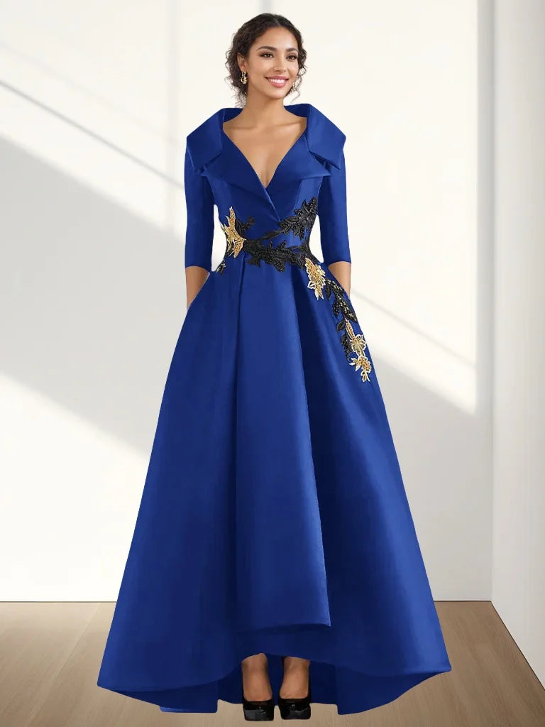 A-Line Evening Gown Vintage Elegant Dress Floor Length 3/4 Length Sleeve V Neck Satin with Beading Appliques 2024