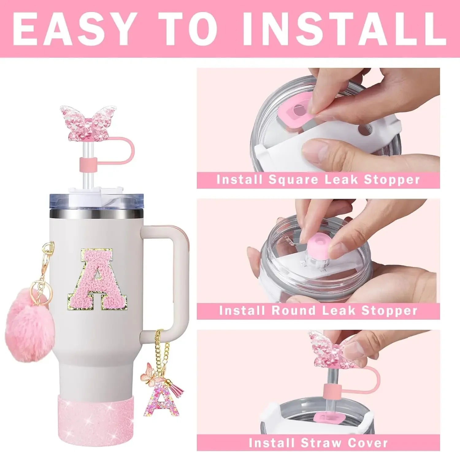 9PCS Cup Accessory Set for Stanley 30oz 40oz Butterfly Straw Cover Cap Silicone Boot Charm Initials Sticker Spill Proof Stopper