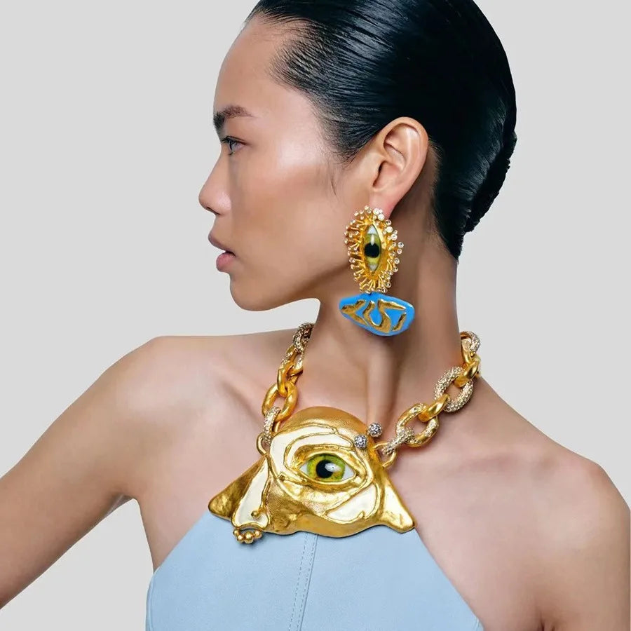 Fashion Pendant Earrings New Retro Surreal Art Abstract Unique Personality Evil Eye Shiny Crystal Earrings Exaggerated Jewelry