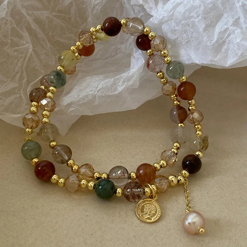 Vintage Double Layered Crystal Pearl Beaded Bracelet for Women Ethnic Natural Stone Beads Wrap Bangle Bracelet Jewelry...