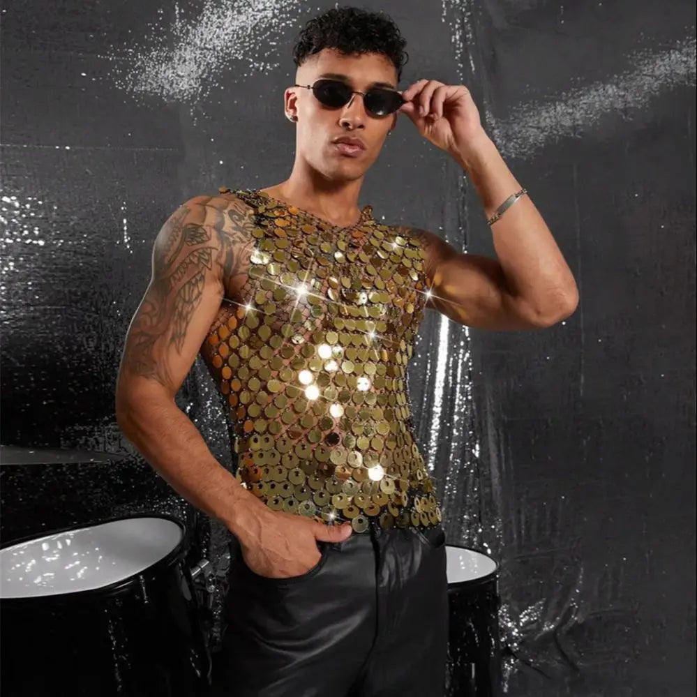 Sparkling Diamond Cut-Out See-Through Vest For Men - New Summer Style Sexy Nightclub Party Fishnet Beaded Outerwear Top - Kimlud