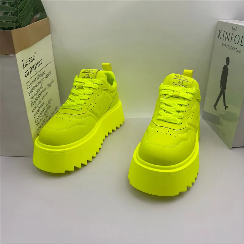 Designer Men's Fluorescent Green All Match Lace Up thick-soled Causal Shoes Male Brand Fashion Flats Moccasins Walking Sneakers