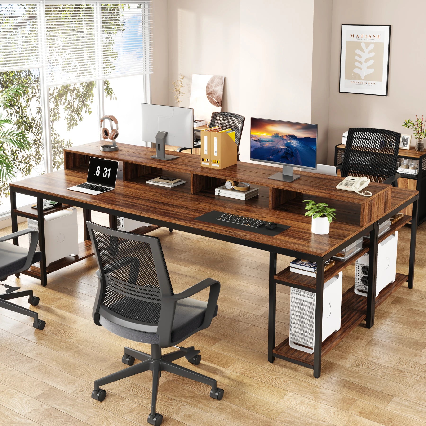 Tribesigns 78.74 Inches Extra Long Two-Person Desk, Double Computer Desk with Monitor Stand and Storage Shelves, Work Table