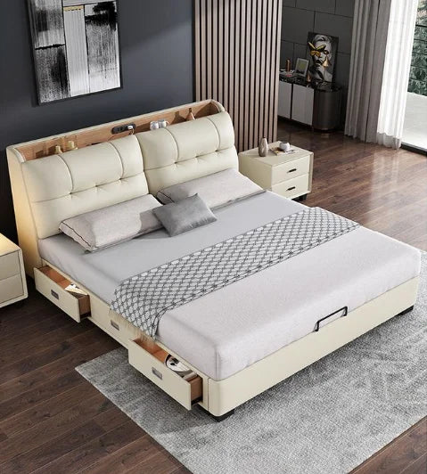 Pure White Nordic Style Oak Panel Queen Bed Frame Steel Frame Cama Modern Bed Queen Size Bed | Kimlud Luxury Bed