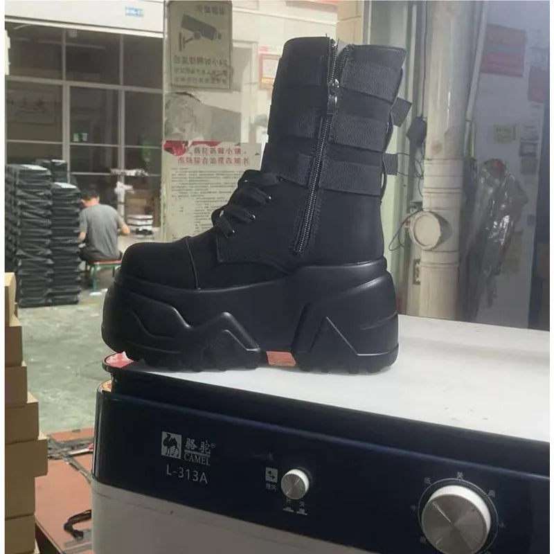 Women Ankle Booties Autumn Leather Chunky Shoes Woman High Platform Breathable Sneakers 9CM Thick Sole Wedges Motorcycles Boots