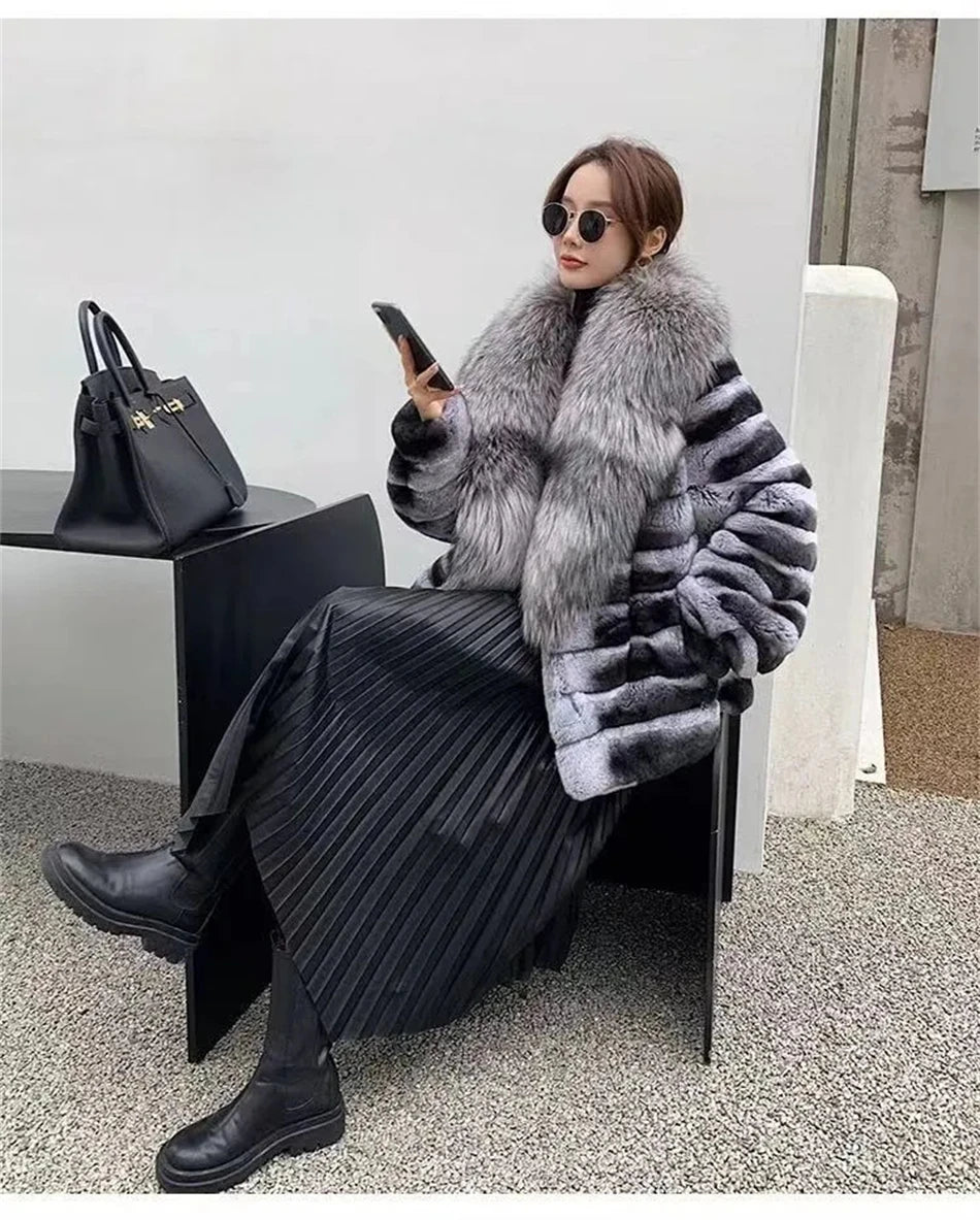 Natural Rex Rabbit Fur Coat for Women, Monochromatic Hood, Thickened and Warm, Large Fox Fur Collar, 100% Pure, New, Winter, 202