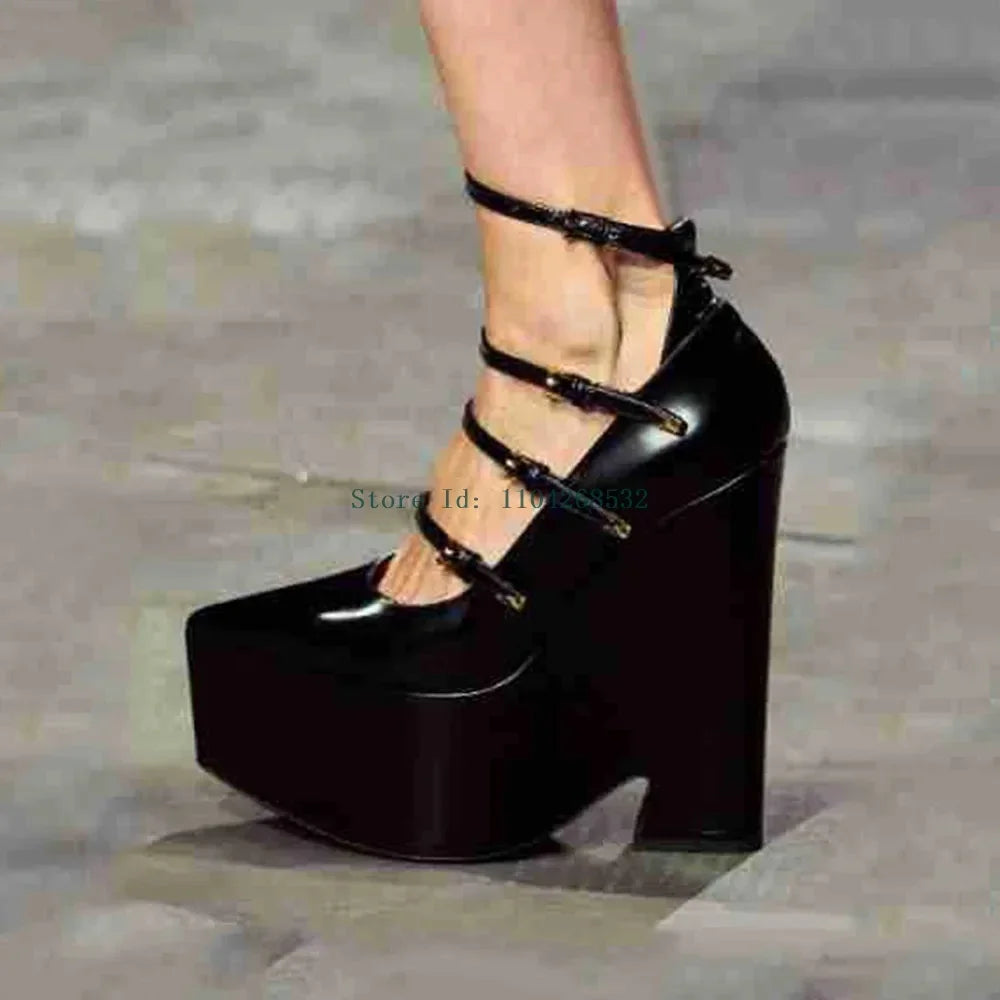 Platform Thick Heel Bucke Strap Pumps Sexy Pointed Toe Patent Leather New Arrivlas Fashion Women Modern Runway Shoes