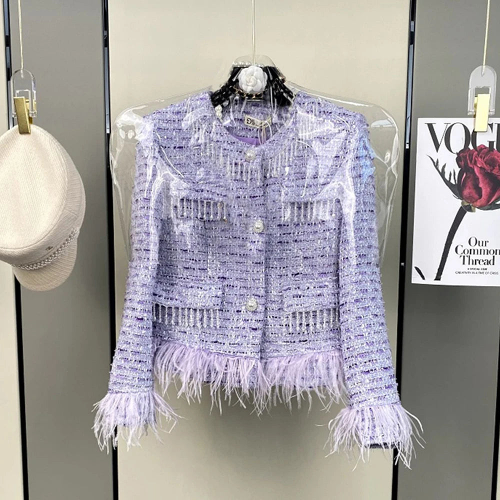 High Quality Elegant Violets Tweed Women Set Single-breasted Feather Beaded Tassel Jacket & High Waist Shorts Suit Fashion Party