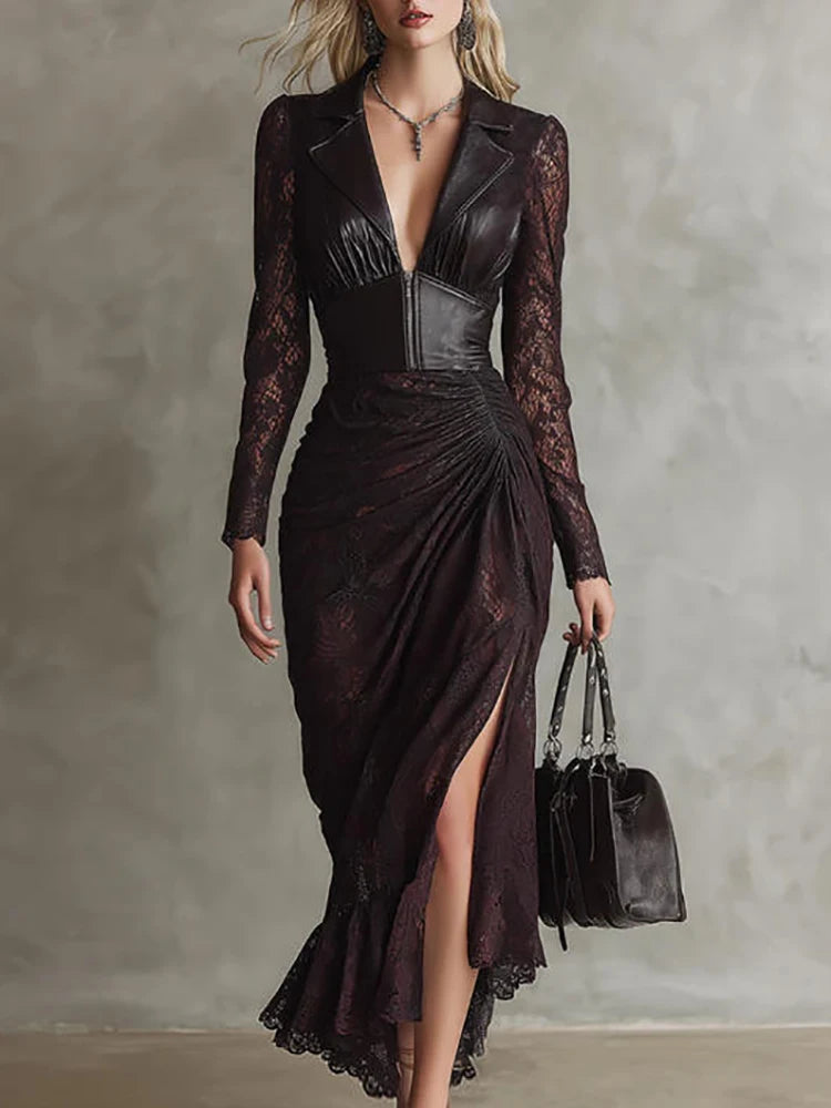 Retro Imitation Pu Leather Women's Lace Dress Lapel Sheer Long Sleeve High Waist Elegant Bodycon Dress High Street Maxi Dresses