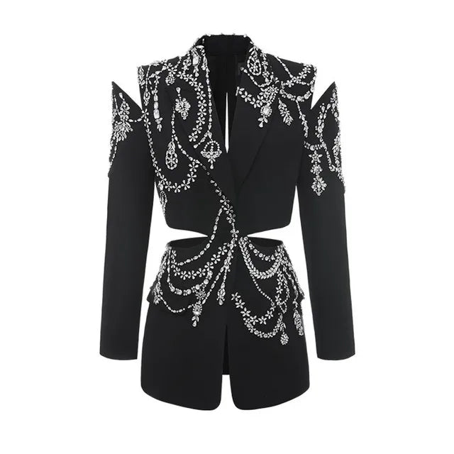 Luxury Women Crystal Beading Blazer Tops Sexy Backless Hollow Out Suit Coat Runway Designer Long Shiny Baroque Diamonds Jacket