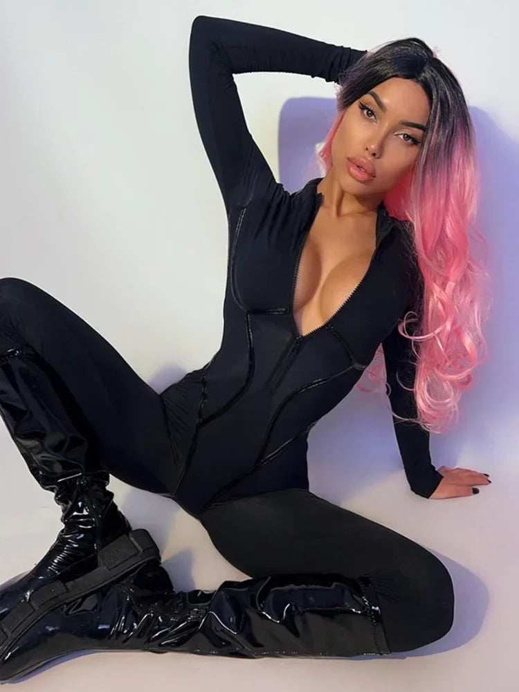 Black Sexy Skinny Jumpsuit Women Overalls O Neck Full Sleeve Zipper Sporty Jumpsuits Ladies Fashion Rompers Streetwear - Kimlud