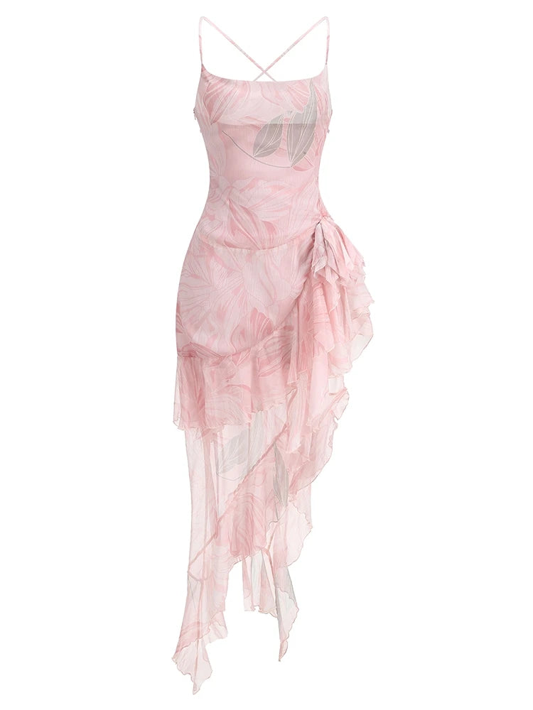 Sexy Spaghetti Strap Floral Printed Split Ruffles Long Dress Women Sleeveless Backless 3D Flower Dresses Summer Holiday Party