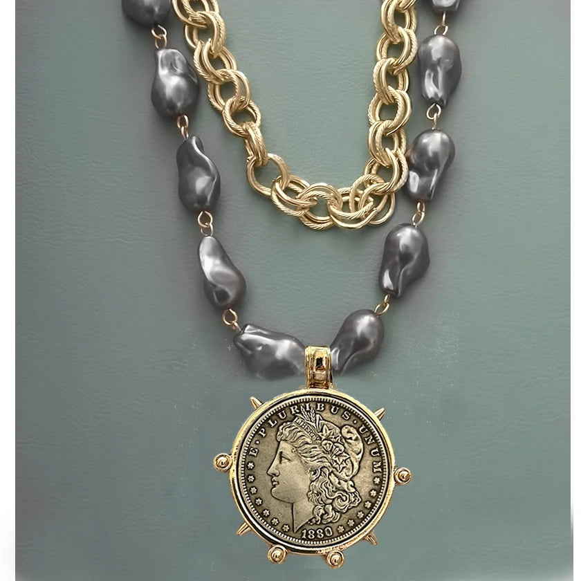 2025 chunky layer Jewelry Luxurious imitation grey pearl exaggerate coin charm pendant Clasps Carabiner Necklace...