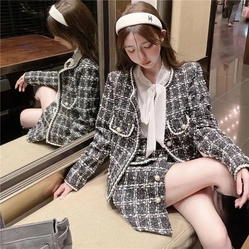 Formal Chic Houndstooth Plaid Set Skirt Women Spring Autumn New Fashion Loose Single-Breasted Plaid Jacket+Skirt Two-Piece Suit