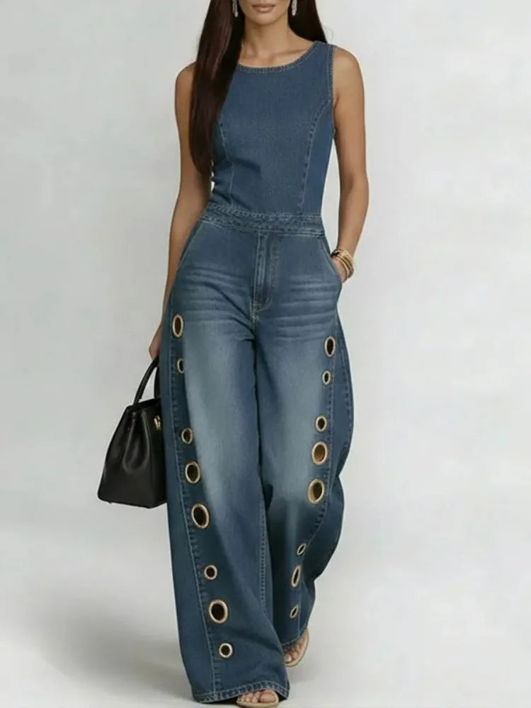 Freeacy Women's Trendy Denim Jumpsuit Sleeveless Round Neck Eyelet Wide Leg Jumpsuit with Pockets for Holiday & Clubwear - Kimlud