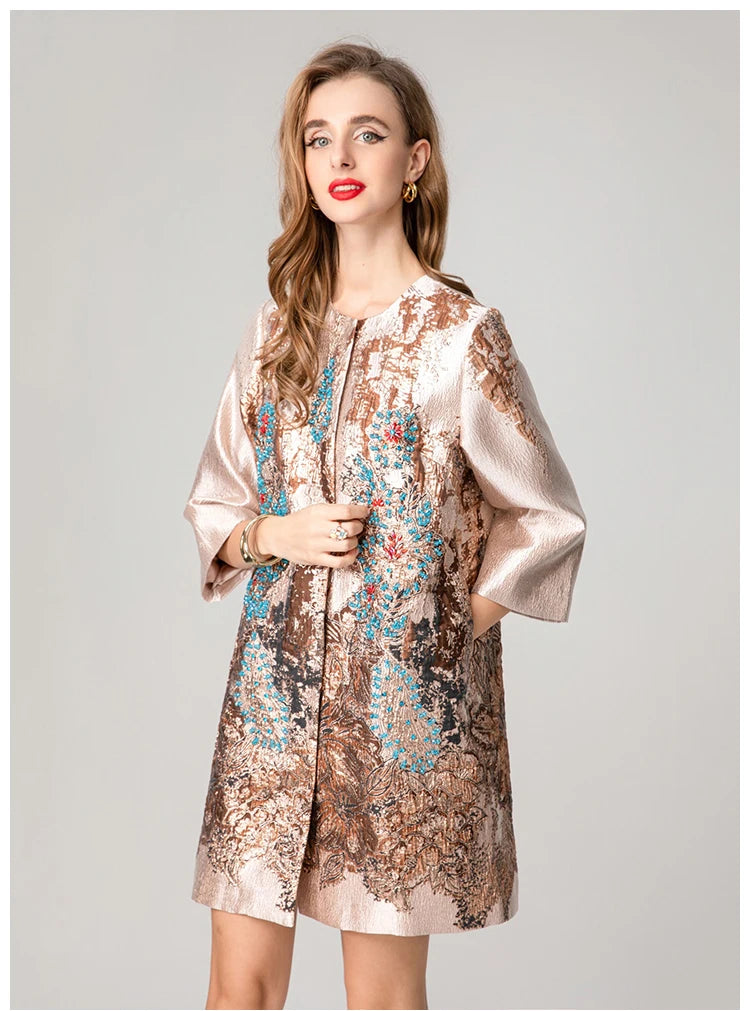 Luxury Jacquard Coat for Women Autumn Winter Vintage Gold Embroidery Beaded 3/4 Sleeve Loose Outerwear Elegant Retro Jacket