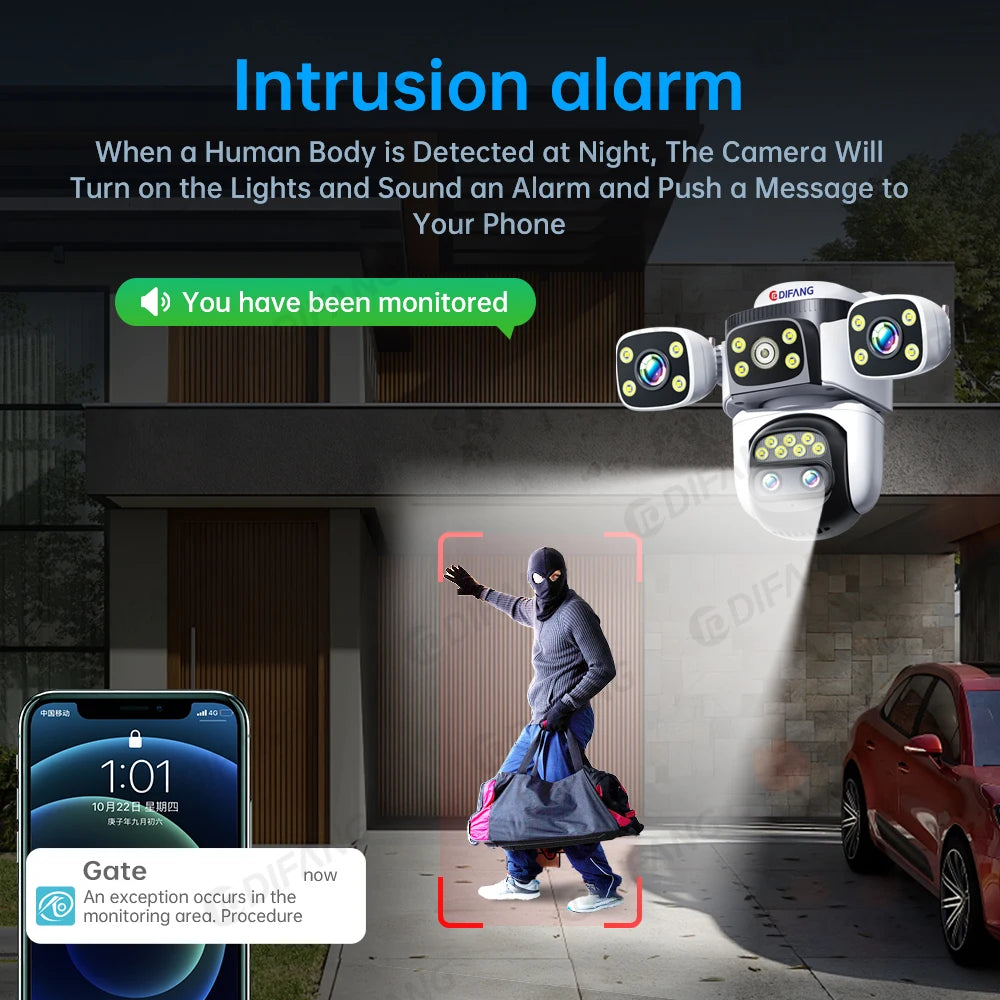 10K WiFi Cam 20MP Wireless Outdoor 10X Zoom Three Screen Four Lens 720° PTZ Automatic Tracking Waterproof Security Camera CCTV