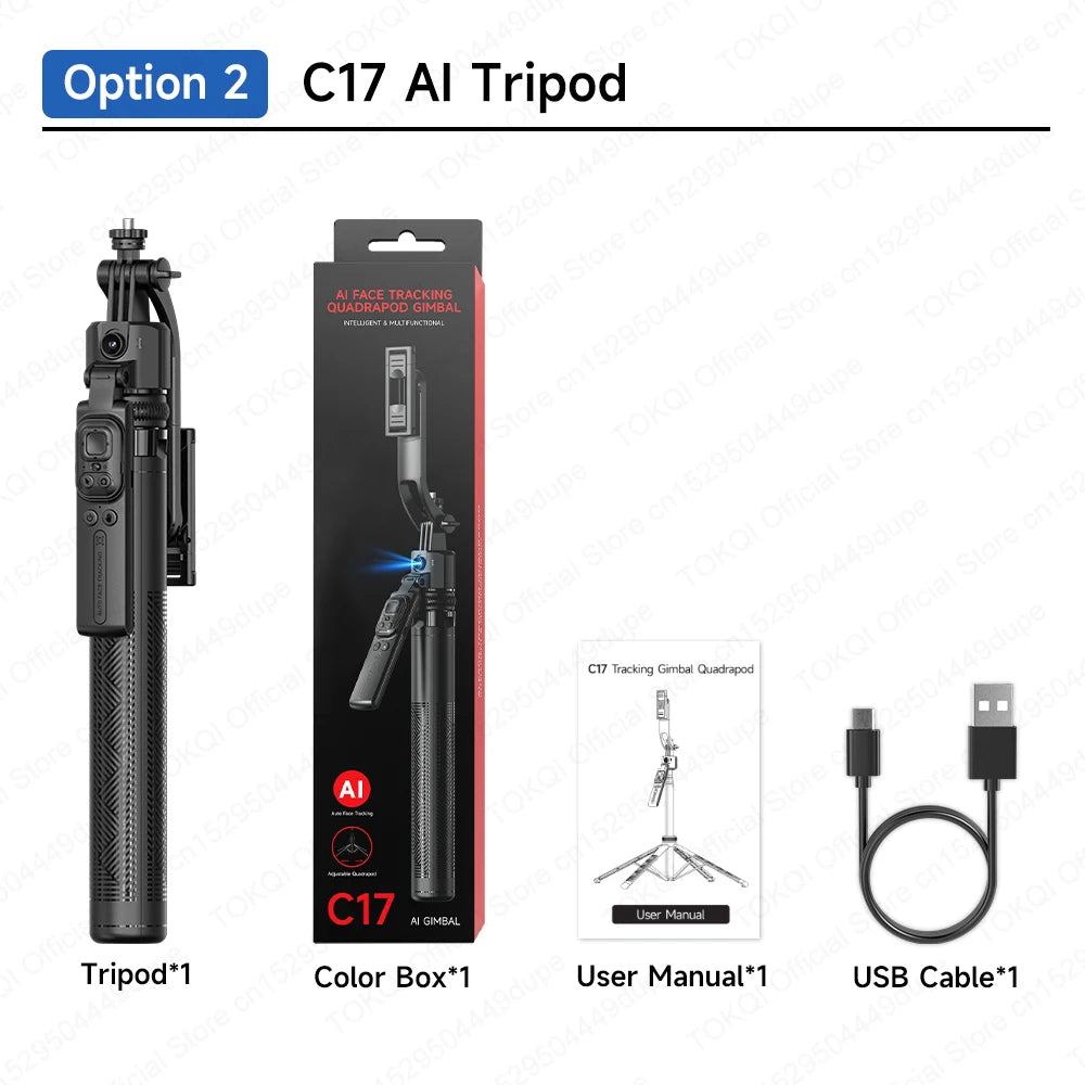 TOKQI C17 AI Tracking Gimbal Cellphone Stand Extension Rod Selfie Stick Tripod 360° Auto Rotate for Smartphones Shooting Vlog