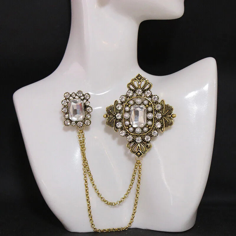 Vintage Fashion Black Crystal Sparkling Rhinestone Brooch Creative Lapel Pin Medieval Design Long Chain Brooches Autumn Winter