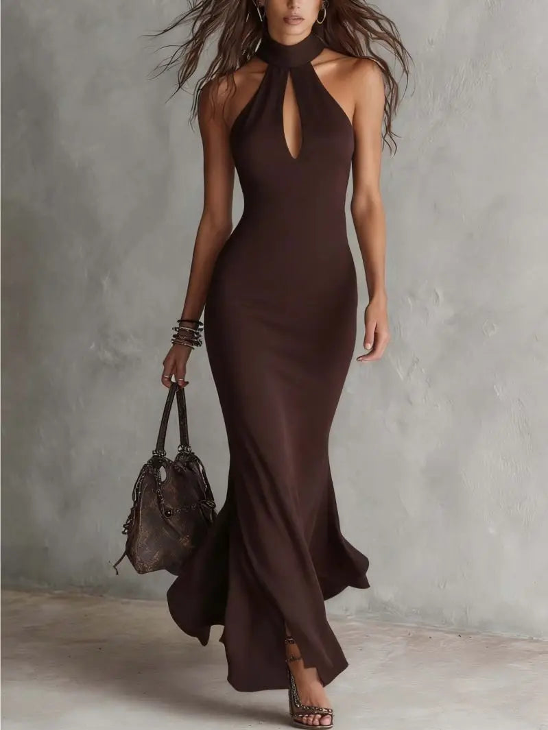Elegant Sleeveless High Neck Long Skirt with Slit for Women Perfect for Dinner Dates And Formal Occasions | Kimlud Mid...