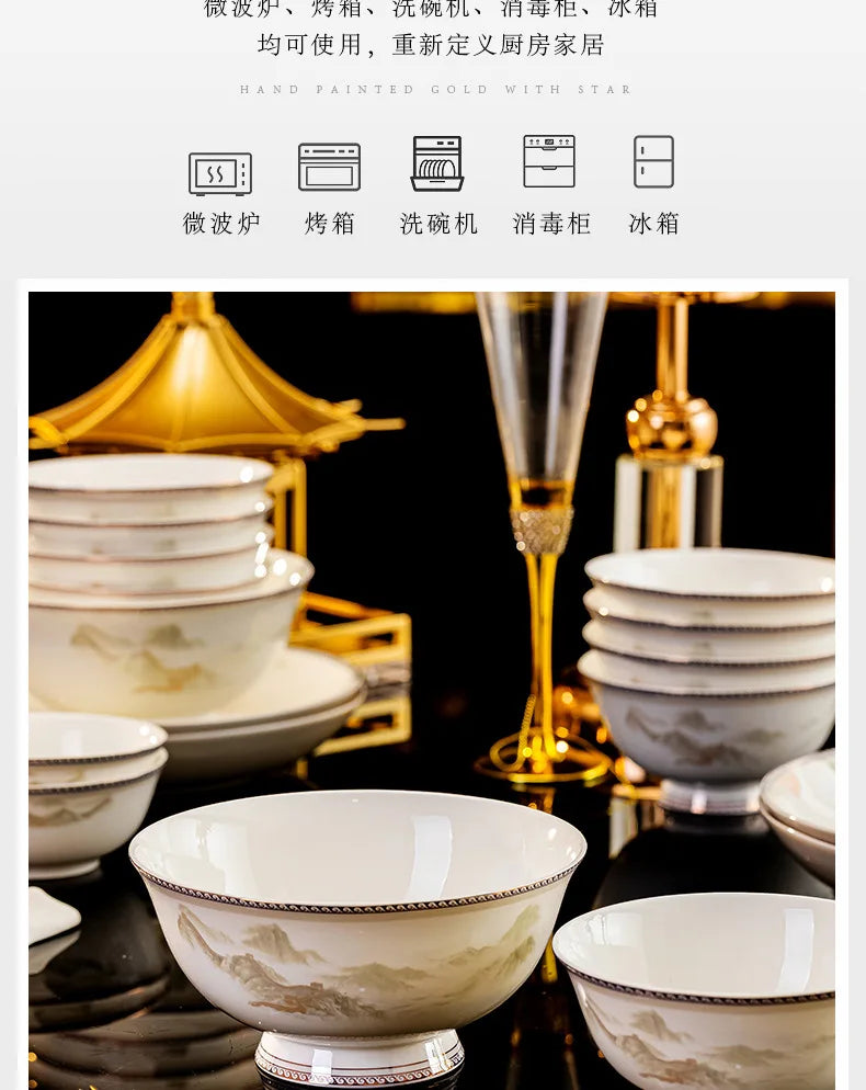 Jingdezhen dish set housewarming tableware set bowl and plate ceramic tableware set light luxury plate bowl | Kimlud...