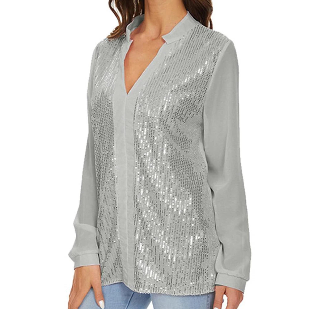 Womens Tops Sequins Blouse Long Sleeve Shirts Shiny Sequined Sweatshirt Patchwork Pullover Tops Loose Comfy Basic Shirt