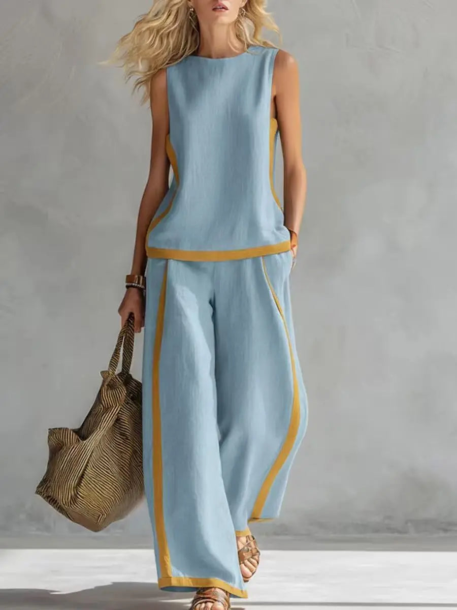Women's 2-piece Set 2026 New Sleeveless Contrast Wide Leg Pants Suit Summer Casual Fashion Two-piece Trendy Style Women Clothing