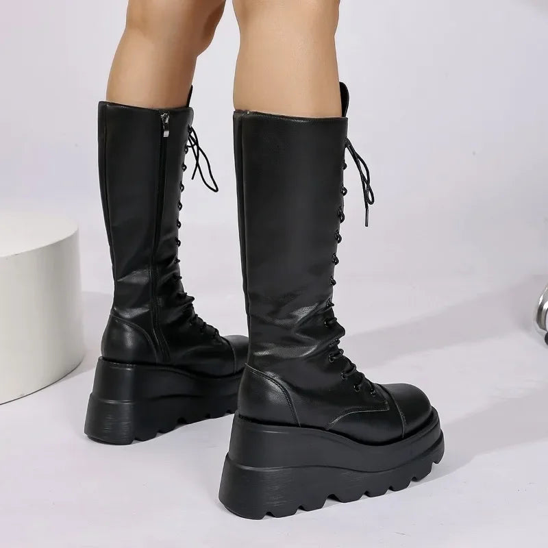 Women's Large Size 35-43 Boots New Round Toe Wedge Lace Thick Sole Zipper Mid-Tube Boots Hot Girl Style High-Enhanced Shoes