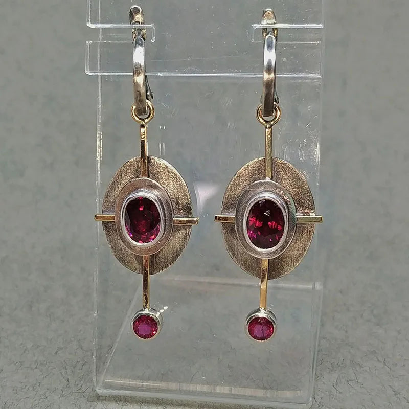 New Vintage Red Crystal Stone Dangle Earrings For Women Tribal Cross Design Oval Antique Metal Statement Earrings Jewelry
