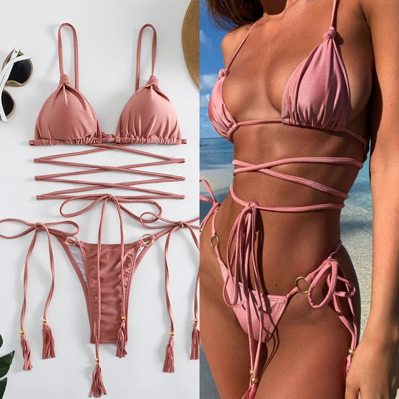 2024 Luxury Bikini Set Women Sexy Swimsuit High Cut Bandage Bikini Set Bathing Suit With Tassels Summer Brazilian Biquini