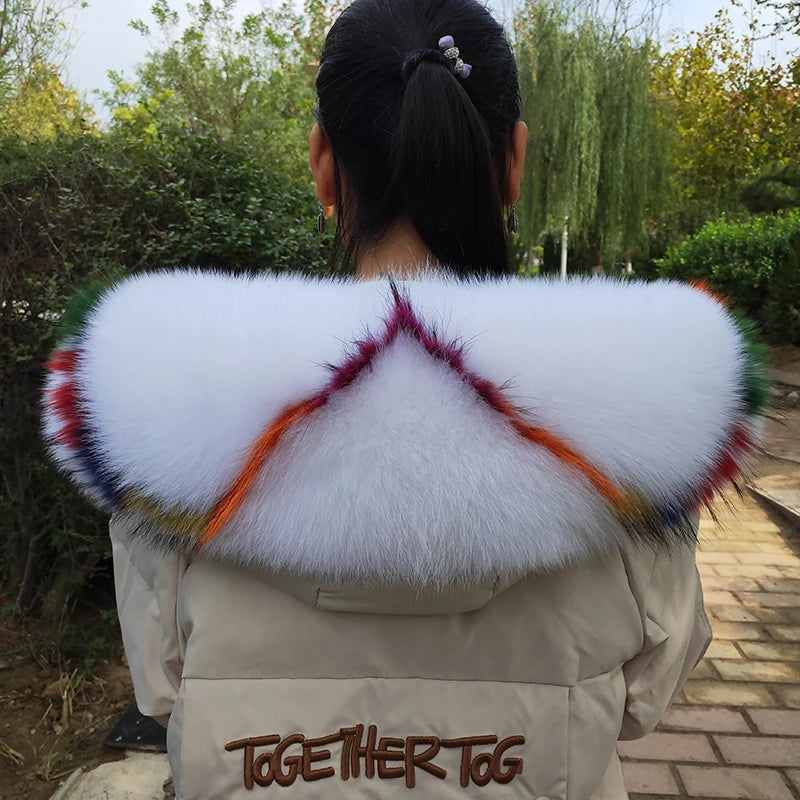 Super Large 100% Real Fox Fur Collar Hood Decor Fur Collar For Down Coat Women Winter Warm Fur Scarf Shawl Luxury