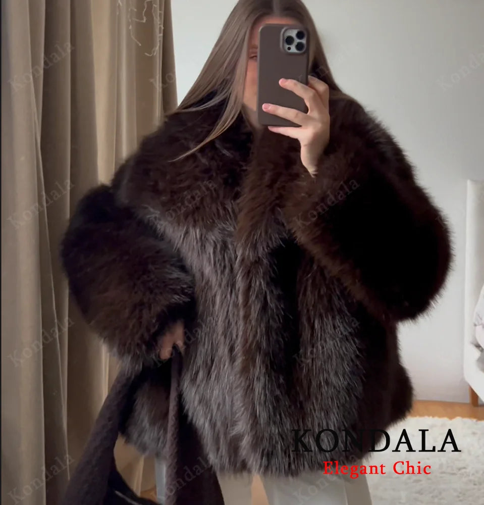 Deep Brown Fur Coat Women Fall Winter Warm Casual Coat Lapel Faux Fur Loose Coat 2025 Fashion High Street Elegant Female Coat