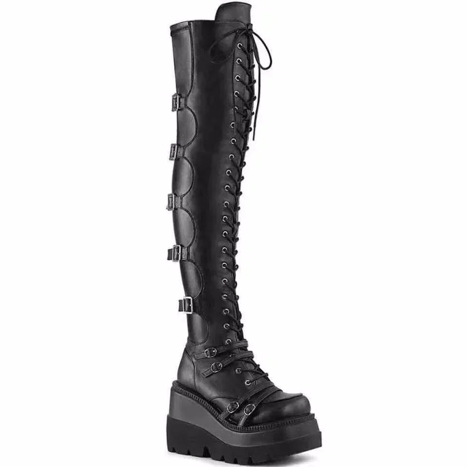 Over-the-knee Boots Women Platform Heels Belt Buckle Boot Motorcycle Goth Shoe Thigh High Flat Boots Plus Size 42 43