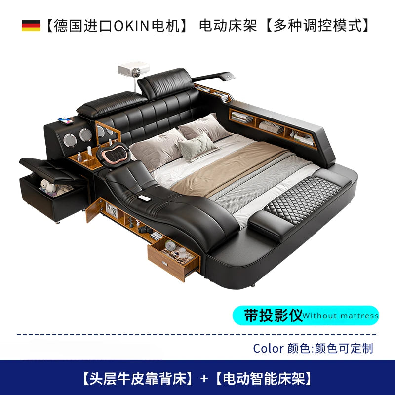 Nordic Multifonction Double Bed Side By Side Leather Luxury King Size Bed Frame Platform Wood Design Lit Bedroom Set...