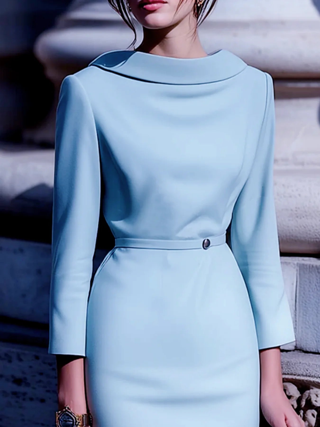 Elegant Solid Color Commute Party Turn-down Collar Boat Neck Back V-neck Belted Mid-Sleeve Gown Dress