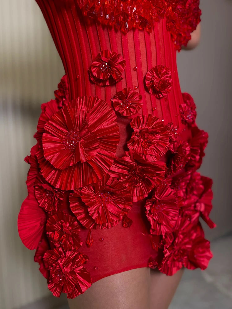 VC Party Sexy Galas Gown Red 3D Floral Halter Sequins Backless Mini Dress