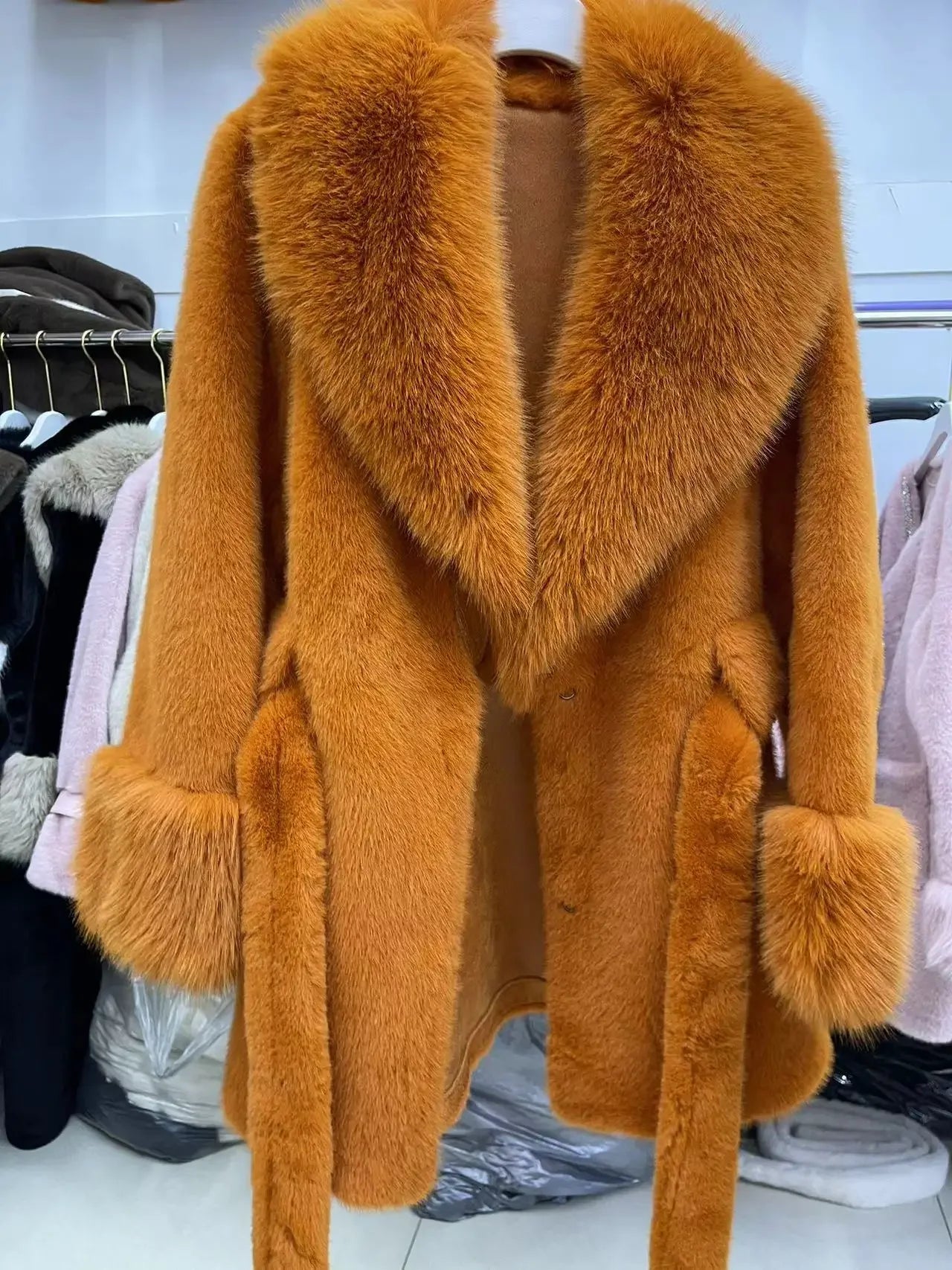 Coats Faux Fox Fur Women Thick Warm Long Coat Turn Down Collar Maxi Warm Jackets Thick Elegant Coat Belt Outerwear Autumn Winter