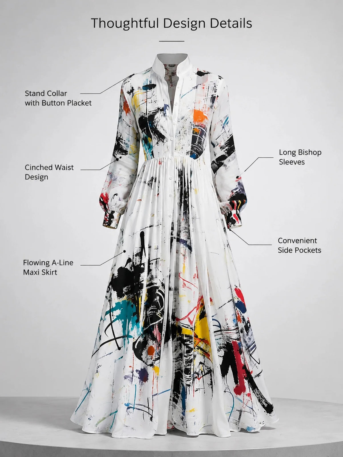 Freeacy Women Stand Collar Printed Shirt Maxi Dress Button Front Long Sleeve Pleated High Waist Flowy Floor Length...