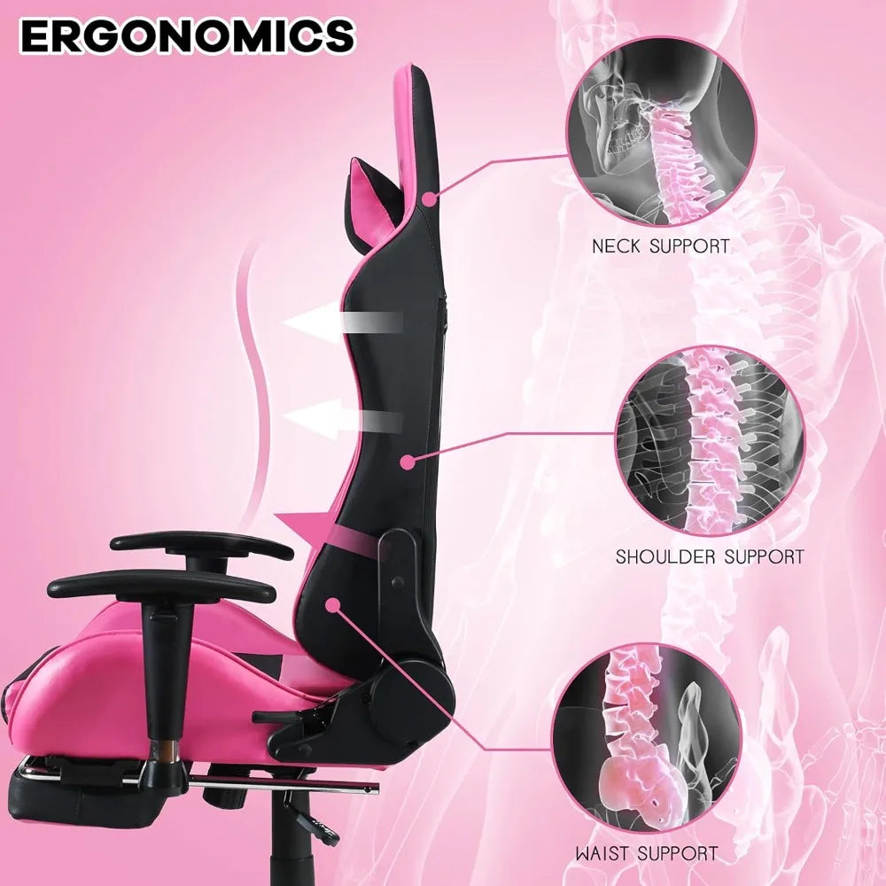 Gaming Chair - Pink Gamer Chair with Footrest Racing Esports Computer Chair Massage Lumbar Support Leather Recliner, Customized