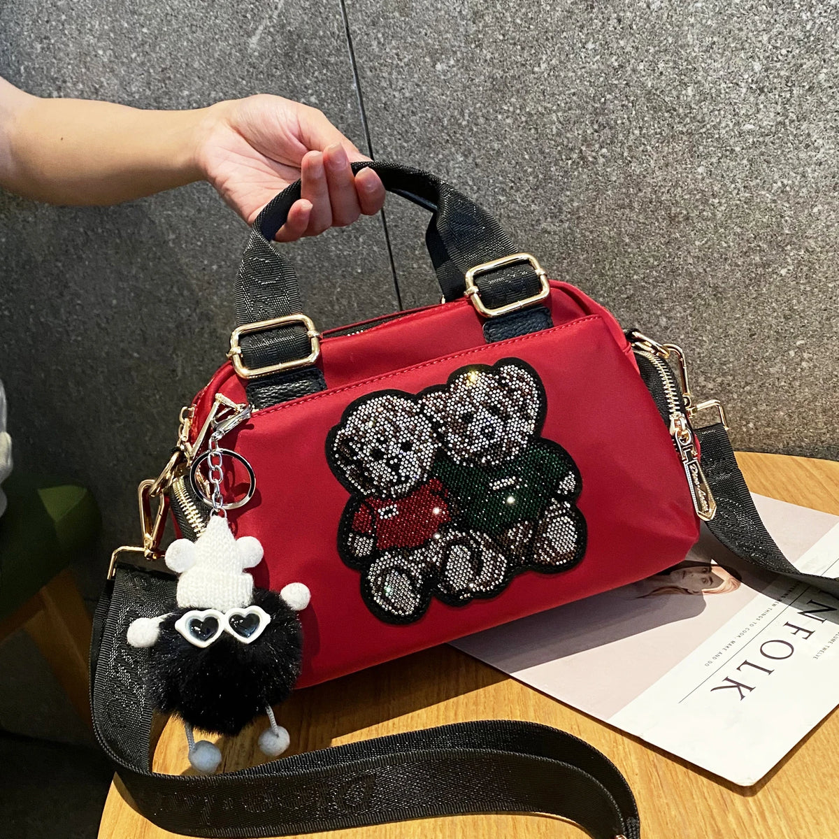 2025 New Fashion Women Handbag Summer Multi Pocket Shoulder Bag Waterproof Oxford Rhinestone Bear Sac