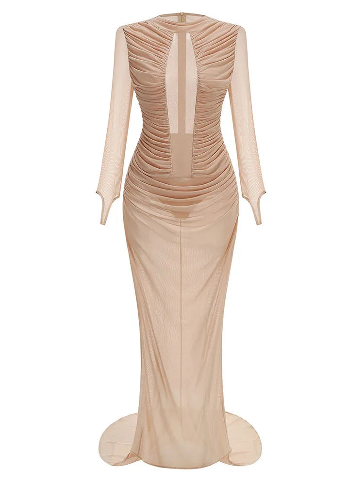 Sexy Long Sleeve Tulle Sheer Gathered Maxi Dress for Women Beige O Neck Mesh Folds See Though Slim Runway Evening Party...