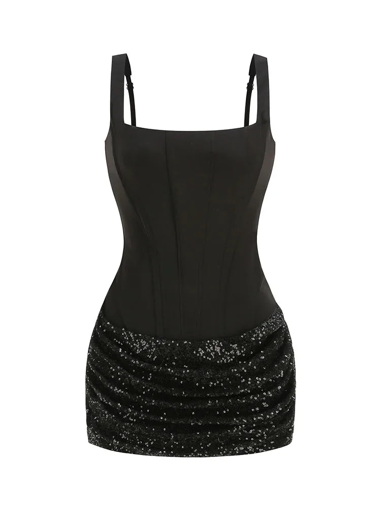 Sexy Spaghetti Straps Sequins Patchwork Ruched Mini Dress Women Black Sleeveless Back Lace Up Slim Elegant Evening Party...