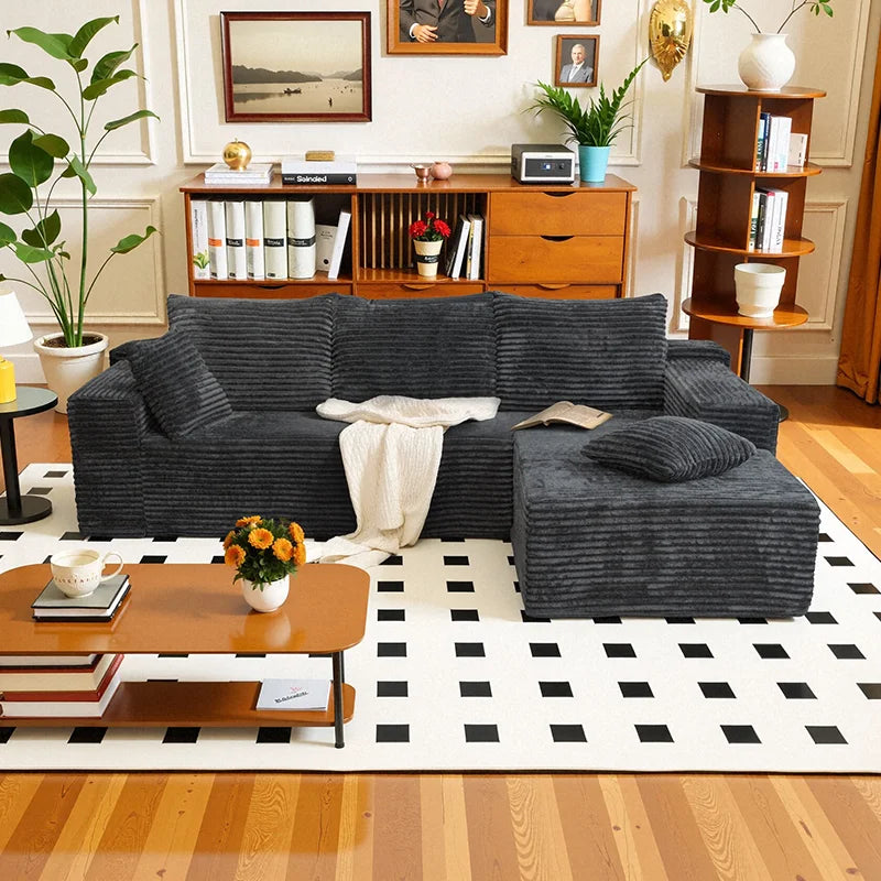 105Inch L-Shaped Living Room Sofa, No Assembly Required, Cozy Corduroy Fabric, Sofa Bed Convertible, Minimalist Deep Seat Design