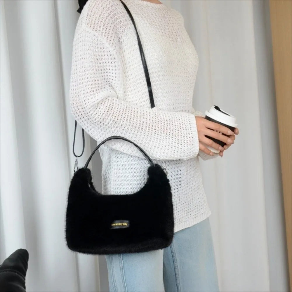 Luxury Faux Fur Ladies Shoulder Bag Soft Fluffy Female Crossbody Bag Solid Color Large Capacity Plush Tote Bag