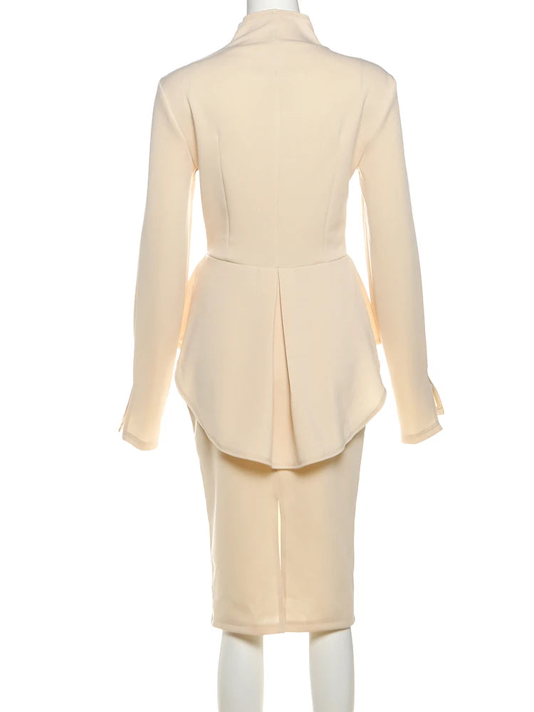 Weird Puss Elegant Office 2-Piece Set Women Classic Autumn trend Single Breasted Ruffled Jacket+Peach Hip Mid Skirt Slim Outfits