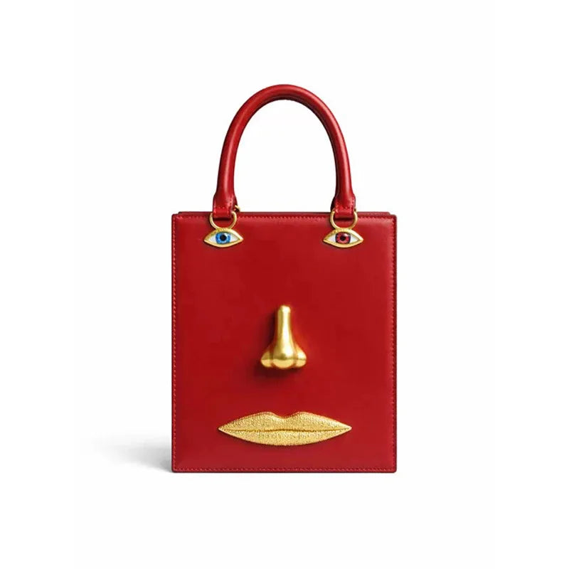 Face Bag Women High Quality Black Leather Luxury Brands Handbag Jewelry Eyes Gold-tone Metal Shoulder Strap Crossbody...