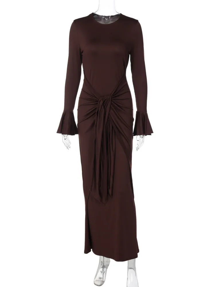 Mozision Flare Long Sleeve Draped Sexy Maxi Dress Women Gown Elegant O Neck High Waist Bodycon Club Party Long Dresses Female